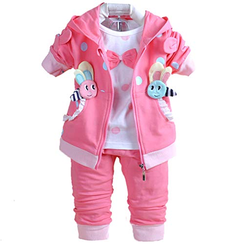 Yao 6M-3Jahre Baby Mädchen Kleidung Set 3 Stück Langärmliges T-Shirt Hoodie Jacke und Hose(heißes Rosa,12-18Monate) von Yao