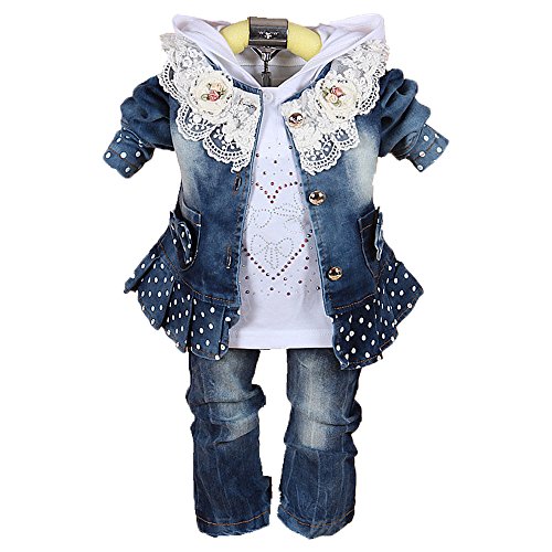 Kleine Mädchen Denim Kleidungssets 3-teilige Sets T-Shirt Jeansjacke und Jeans (4-5J, Punkte-Blau) von Yao