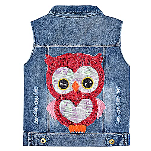 Yao 1-9 Jahre Kleine Mädchen Denim Outfit Jacke Gestickte Paillette Jeansweste Frühling Herbst Pailletten Pfau Weste Mantel (Eule, 7-8 Jahre) von Yao