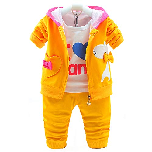 Yao 6M- 4J Baby Mädchen 3-teilige Sets langarm T-Shirt und Reißverschlussjacke mit Hüten und niedlichen Mustern und Hose(Gelb, 3-4 Jahre) von Yao