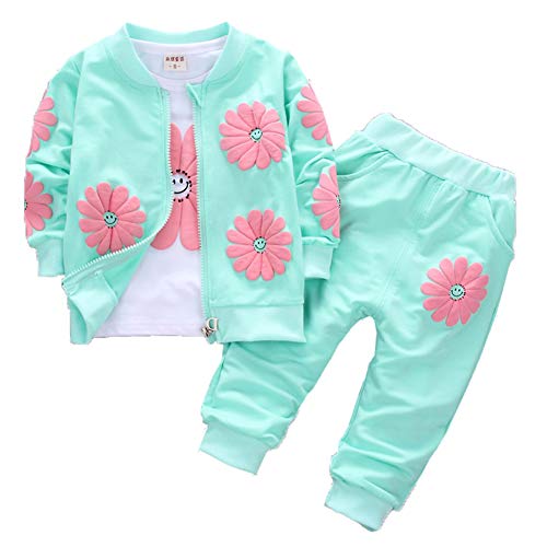 Yao 1-5 Jahre Kleine Mädchen Blumen drucken 3-teilige Sets Reißverschluss Jacke Langarm Rundhals T-Shirt und Hose (1-2 Jahre, Grün) von Yao