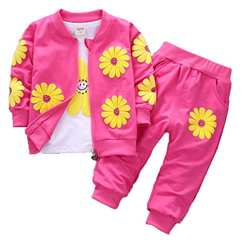 Yao 1-5 Jahre Kleinkind & kleine Mädchen Blumen drucken 3-teilige Sets Reißverschluss Jacke Langarm Rundhals T-Shirt und Hose(3-4 Jahre, Leuchtend rosa) von Yao