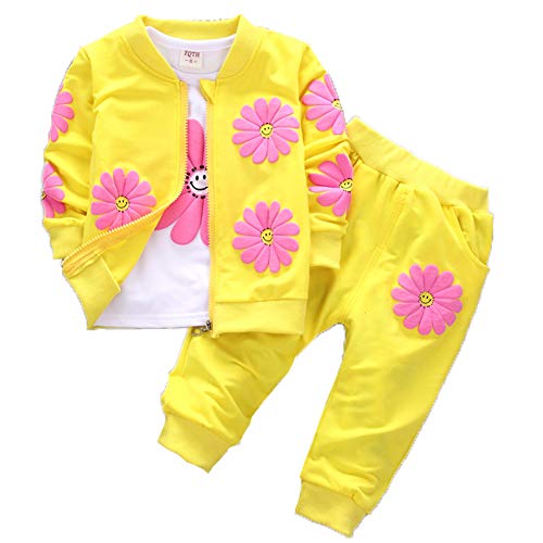 Yao 1-5 Jahre Kleinkind & kleine Mädchen Blumen drucken 3-teilige Sets Reißverschluss Jacke Langarm Rundhals T-Shirt und Hose (4-5 Jahre, Gelb) von Yao