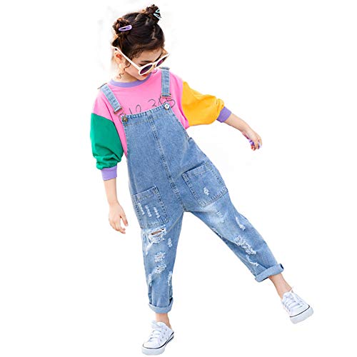 Yao 3-14Jahre Mädchen Jumpsuit & Strampler Big Kid Lätzchen Overalls Blau Verstellbare Gürtel Jeanshose (Basic, 7-8J) von Yao