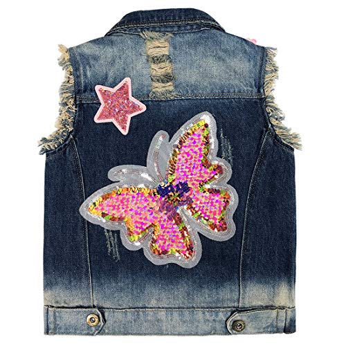 Yao 4–10 Jahre Kleinkind Mädchen Denim Pailletten Weste Distressed Jeansjacke (Schmetterling, 7-8 Jahre) von Yao