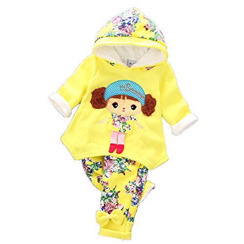 Yao 6M-3J Kleine Mädchen 2-teiliges Kleidungsset Warmer Samt Hoodie mit Mädchenmustern und Schmetterlingshose mit Blumenmustern(12-18M, Gelb) von Yao