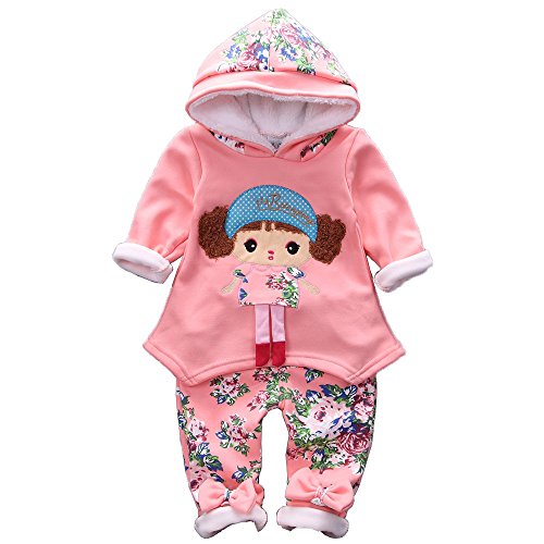 Yao 6M-3J Kleine Mädchen 2-teiliges Kleidungsset Warmer Samt Hoodie mit Mädchenmustern und Schmetterlingshose mit Blumenmustern (12-18M, Rosa) von Yao