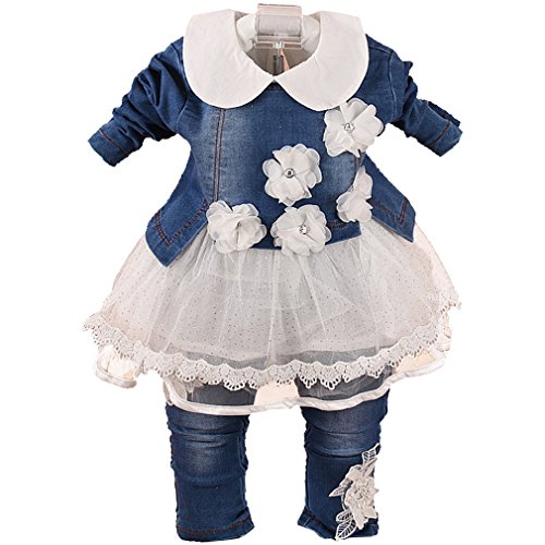 Yao 6M-4 Jahre Baby Mädchen 3-teiliges Bekleidungsset Reißverschluss Jeansjacke Spitze Kleid und Stickerei Jeans(2-3J,Weiß) von Yao