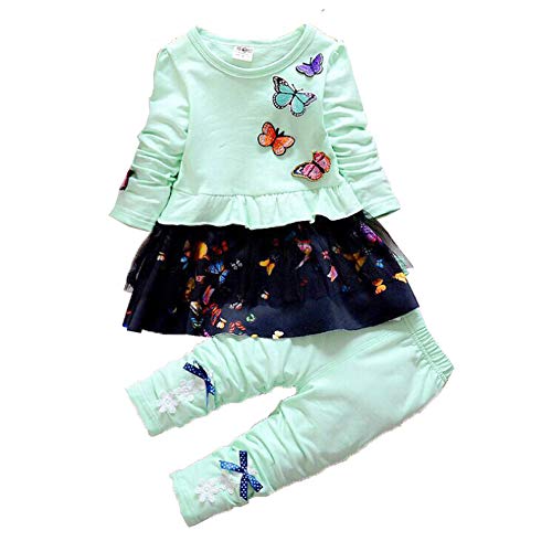 Yao 6M- 4J Little Baby Mädchen Kleidungsset 2-teiliges Set Schmetterlingsspitze Schwarz Langarm-T-Shirt und Schleifenhose (1-2J, grün) von Yao