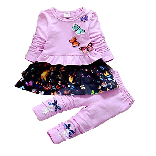 Yao 6M- 4J Little Baby Mädchen Kleidungsset 2-teiliges Set Schmetterlingsspitze Schwarz Langarm-T-Shirt und Schleifenhose (2-3J, Lila) von Yao