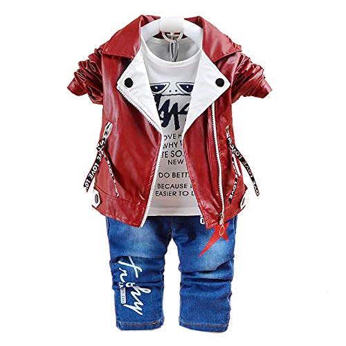 Yao 6M-5J Frühling Herbst Kleiner Baby Jungen Kleidungsset 3 Stück Langärmliges T-Shirt Pu Lederjacke und Jeans(1-2J, Braun) von Yao