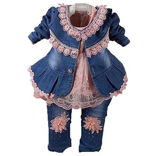 Yao 6M-5J Frühling Herbst Kleinkind Kleine Mädchen Kleidungsset 3-teilige Sets Spitze T-Shirt Bestickt Jeansjacke und Bestickt Pailletten Jeans (Rosa, 1-2J) von Yao