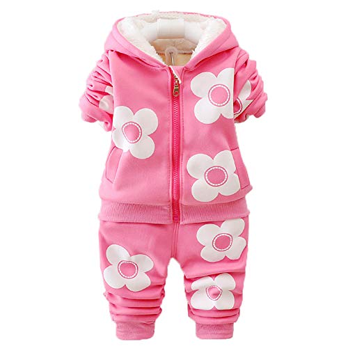 Yao 9M-3J Baby Mädchen Fleece Blumen Warm 2-teiliges Set Warmer Samt bedruckter Mantel und Hose(18-24M, Leuchtend rosa) von Yao