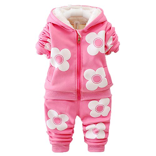 Yao 9M-3J Baby Mädchen Fleece Blumen Warm 2-teiliges Set Warmer Samt bedruckter Mantel und Hose(18-24M, Leuchtend rosa) von Yao