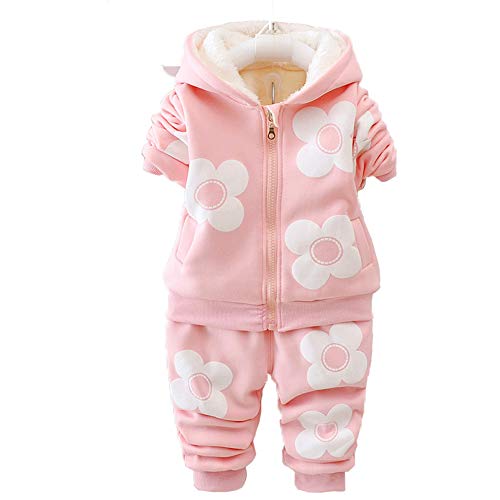 Yao 9M-3J Baby Mädchen Fleece Blumen Warm 2-teiliges Set Warmer Samt bedruckter Mantel und Hose(2-3J, Rosa) von Yao