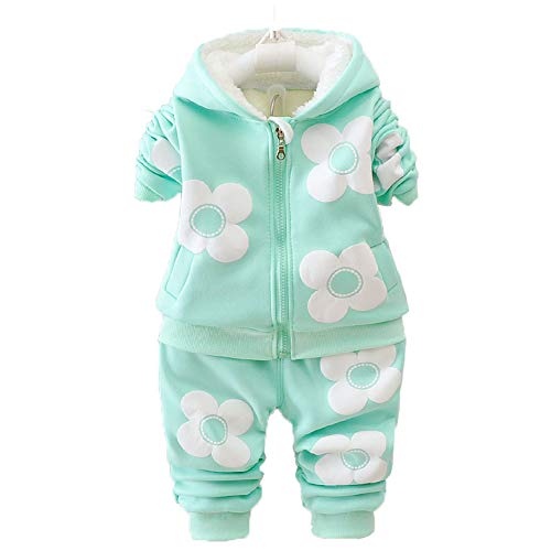 Yao 9M-3J Baby Mädchen Fleece Blumen Warm 2-teiliges Set Warmer Samt bedruckter Mantel und Hose(2-3J, grün) von Yao