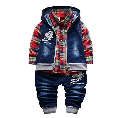 Yao 9M-5J Frühling Herbst Baby Jungen 3-teiliges Kleidungsset Baumwollhemd Jeans und Jeansweste(1-2J, Rot) von Yao