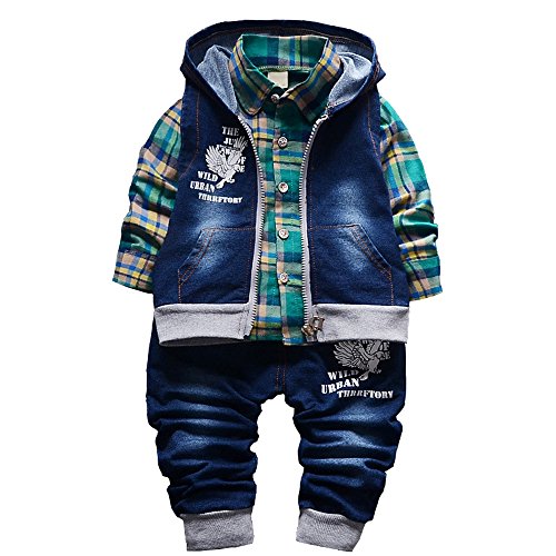 Yao 9M-5J Frühling Herbst Baby Jungen 3-teiliges Kleidungsset Baumwollhemd Jeans und Jeansweste(2-3J, Grün) von Yao