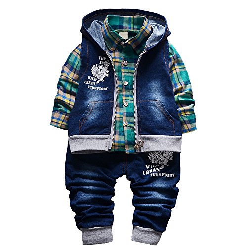 Yao 9M-5J Frühling Herbst Baby Jungen 3-teiliges Kleidungsset Baumwollhemd Jeans und Jeansweste(4-5J, Grün) von Yao