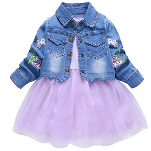 Yao Frühling Herbst Kleine Mädchen Bekleidungsset Kinder Kinder Jeansjacke und Langarmkleid 2-teiliges Set (2J, lila) von Yao