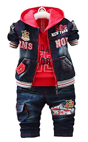 Yao 1-5Jahre Frühling Herbst Kleiner Baby Junge Kleidungsset 3 Stück Langärmliges Kapuzen T-Shirt Jeansjacke und Jeans(2-3J, Blau) von Yao