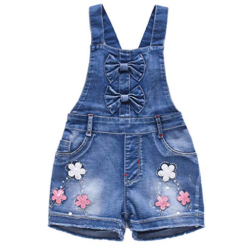 Yao 2J-8J kleine Mädchen Baumwolle Blume Denim Pailletten Latzhose Strampler (7J,Blume) von Yao