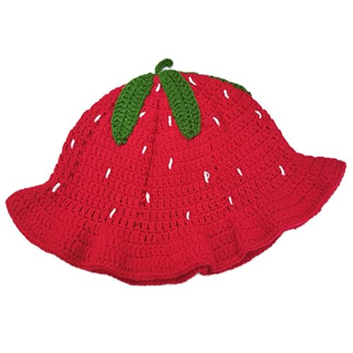 Yaoliucp Erdbeerhut, süßer Erdbeerschaufelhut mit gekräuselter Kante, weiches elastisches Strick -Häkelschaufelhut, tragbare Häkelhüte für Frauen Mädchen, Erdbeerhut von Yaoliucp