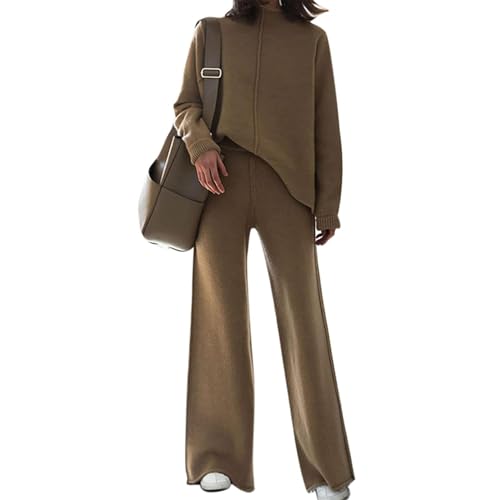 Yaoliucp Outfits High Neck Strick Sweater | 2pcs/Set Pullover Set Long Sleeve Strick Pullover Weiches Zwei -Stück -Pullover -Set mit Pullover -Oberseite und Weitbeinhosen Zweiteilige Sets l von Yaoliucp