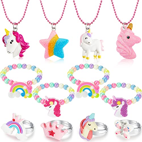 Yaomiao 12 Stück Kinder Schmuck Set Mädchen Einhorn Perlen Halsketten Armbänder Verstellbar Ringe mit Einhorn Regenbogen Stern Anhänger Einhorn Freundschaftsschmuck für Mädchen Kostüm Party Mitgebsel von Yaomiao