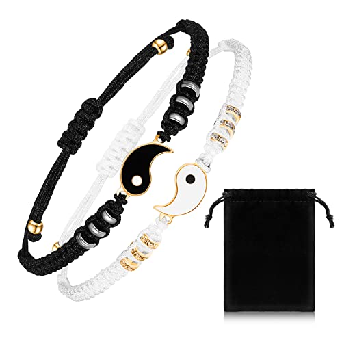2 Passende Armbänder Ying Yang Beste Freundin Valentinstag Verstellbare Partnerarmbänder Geflochtene mit Magnet für Paare Frauen Männer (Goldperle, Yin Yang Stil) von Yaomiao