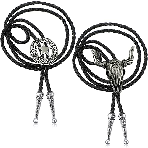 Yaomiao 2 Stück Bolo Leder Halloween Krawatte Krawatte Cowboy Silber Kuh Schädel Ranger Stern Schwarz Achat Tigerauge Western Cowboy Krawatte Halskette(Silberner Kuhschädel und Ranger Stern) von Yaomiao