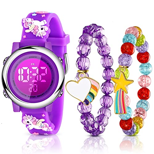 3 Stück Einhorn Kinderuhr und Einhorn Armband 3D Karikatur Wasserdicht Kind Handgelenk Digitaluhr 7 Farbe Licht Uhr mit Alarm Stoppuhr Weihnachten für 3-10 Jahre Mädchen (Klassischer Stil) von Yaomiao