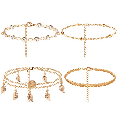 Yaomiao 4 Stück Boho Fußkettchen Verstellbare Fußketten Geschichtete Fuß Perlenkette Blatt Fußketten Fuß Schmuck für Frauen Mädchen Sommer Strand Zubehör (Gold) Yaomiao 4 Stück Boho Fußkettchen Verstellbare Fußketten Geschichtete Fuß Perlenkette Blatt Fußketten Fuß Schmuck für Frauen Mädchen Sommer Strand Zubehör (Gold) von Yaomiao