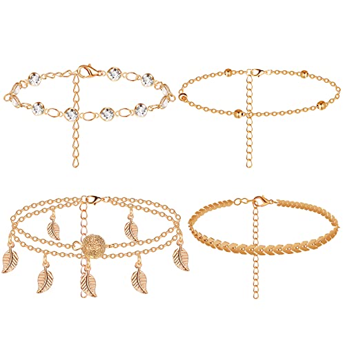 Yaomiao 4 Stück Boho Fußkettchen Verstellbare Fußketten Geschichtete Fuß Perlenkette Blatt Fußketten Fuß Schmuck für Frauen Mädchen Sommer Strand Zubehör (Gold) von Yaomiao