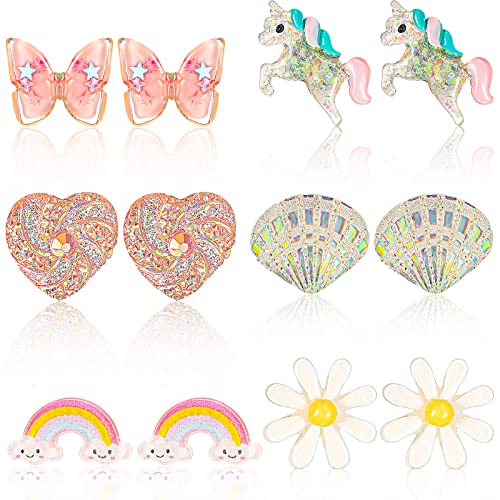 6 Paare Ohrclips für Mädchen Clip Ohrring Kinder Keine Durchbohrten Prinzessin Spielen Ohrringe Einhorn Blume Herz Verkleiden sich Schmuck Kinder Weihnachten Geschenk (Lieblicher Stil) von Yaomiao