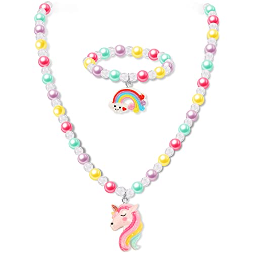 Yaomiao Kinderschmuck Einhorn Armband Set 2 Stücke Mädchen Halskette Einhorn Regenbogen Perlen Halskette Einhorn Charm Armbänder für Kinder Vorgeben Kostüm Ankleiden von Yaomiao