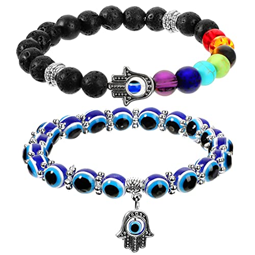 Yaomiao 2 Stück Böser Blick Armband Nazar Auge 7 Chakren Hand von Fatima Perlenarmband Böse Augen Stretch Perlen Viel Glück Schutz Edelstein Armband für Frauen von Yaomiao