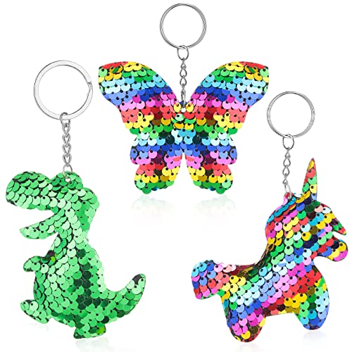 Yaomiao 3 Reversible Pailletten Schlüsselanhänger - Einhorn, Schmetterling, Dinosaurier Anhänger Schlüsselring - Kawaii Schlüsselbund Party Mitgebsel für Mädchen, Kinder Taschen Deko von Yaomiao