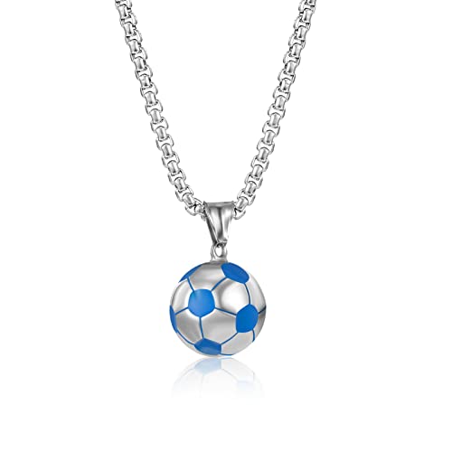 Yaomiao Fußball Halskette Edelstahl Fußball Charm Halskette Kette Fußball Anhänger Geschenke für Mädchen Jungen Kinder Unisex Schmuck mit Kette Fußball Anhänger Halskette (Blau) von Yaomiao