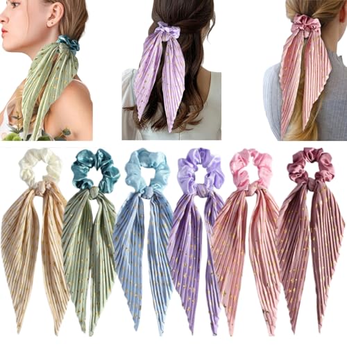 Bunte Haargummis mit Schleife und langem Band, Glitzer, Satin-Schleife, Haarbänder, elastisches Haarband, Pferdeschwanz-Halter, Haarschmuck für Damen und Mädchen, 6 Stück (6 Stück bunt) von Yaopelky