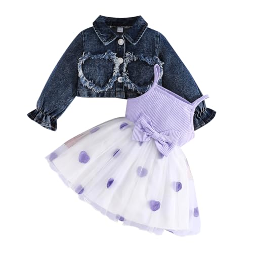Yaopelky 2 x Baby-Mädchenkleider mit Herzmuster, Tüllkleid mit Denim, Strickjacke, Prinzessinnen-Sommerkleid, Herbst-Frühlings-, Violett, 12-18 Monate von Yaopelky