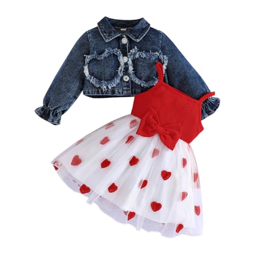 Yaopelky 2 x Baby-Mädchenkleider mit Herzmuster, Tüllkleid mit Denim-Strickjacke, Prinzessinnen-Sommerkleid, Herbst-Frühlings-, Rot/Ausflug, einfarbig (Getaway Solids), 3-4 Jahre von Yaopelky