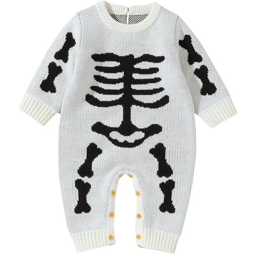 Yaopelky Baby Junge Mädchen Halloween Strampler Neugeborenes gestrickt Jumpsuit Einteiler Overall Herbst Halloween Kleidung (Beige, 6-9 Monate) von Yaopelky