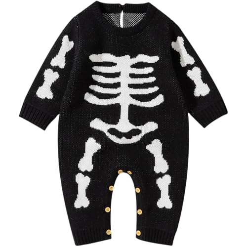 Yaopelky Baby Junge Mädchen Halloween Strampler Neugeborenes gestrickt Jumpsuit Einteiler Overall Herbst Halloween Kleidung (Schwarz, 0-3 Monate) von Yaopelky
