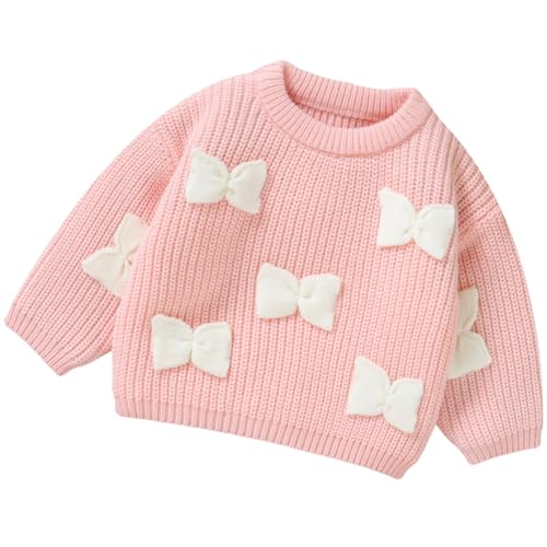 Yaopelky Baby Mädchen Strickpullover Nette Schleife Pullover Pullover Pullover für Kleinkind Mädchen Warme Rundhals-Oberteile mit Langen Ärmeln von Yaopelky