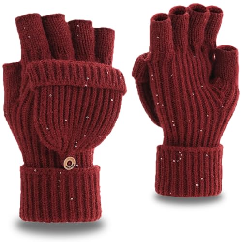 Yaopelky Fingerlose Winterhandschuhe für Damen und Herren, halbe und volle Glitzer-Strick-Fäustlinge Daumen mit Kappe, wandelbarer Thermo-Fäustling, Rot mit Pailletten, One Size for most adults von Yaopelky