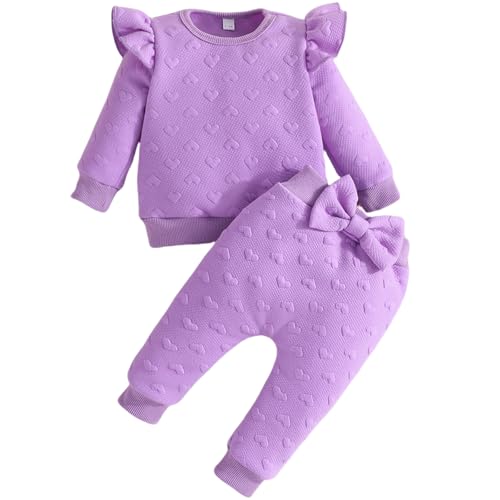 Yaopelky Kleinkind Baby Mädchen Outfits Langarm Sweatshirt Top Hose mit Fliege Kleinkind Herbst Winter Kleidung Set (Lila, 9-12 Monate) von Yaopelky