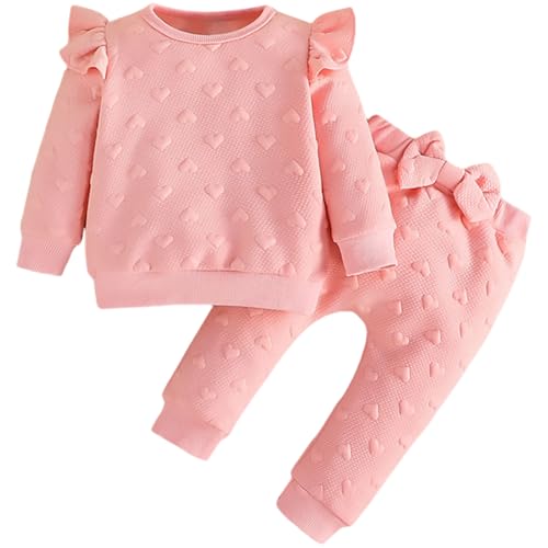 Yaopelky Kleinkind Baby Mädchen Outfits Langarm Sweatshirt Top Hose mit Fliege Kleinkind Herbst Winter Kleidung Set (Rosa, 12-18 Monate) von Yaopelky