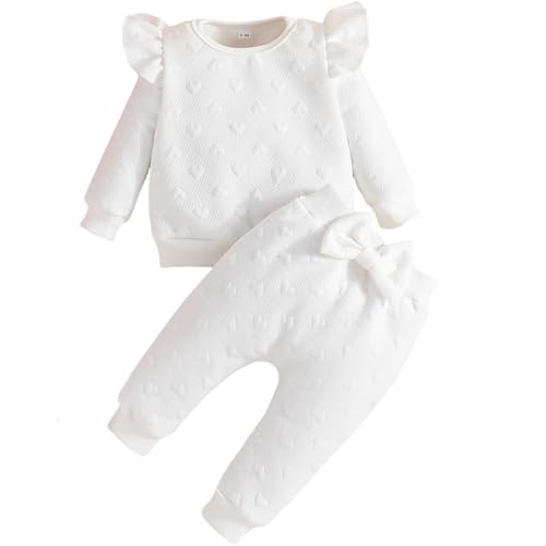 Yaopelky Kleinkind Baby Mädchen Outfits Langarm Sweatshirt Top Hose mit Fliege Kleinkind Herbst Winter Kleidung Set (Weiß, 12-18 Monate) von Yaopelky