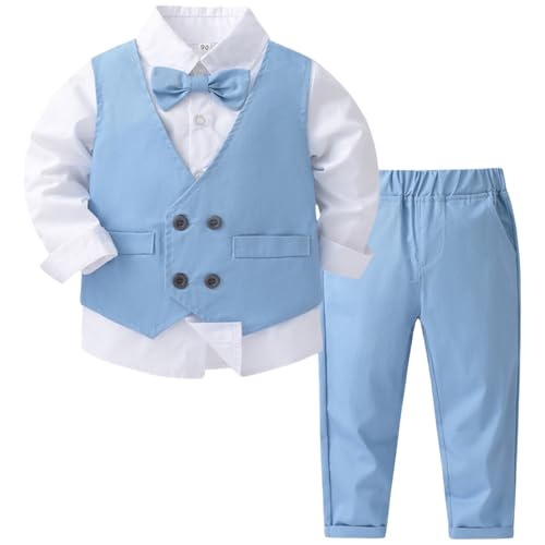 Yaopelky Kleinkind Junge Formeller Anzug Set Mock Zweiteiliges Hemd mit Weste Kleinkind Gentleman Anzüge Jungen Hochzeit Outfits, blau, 86 von Yaopelky